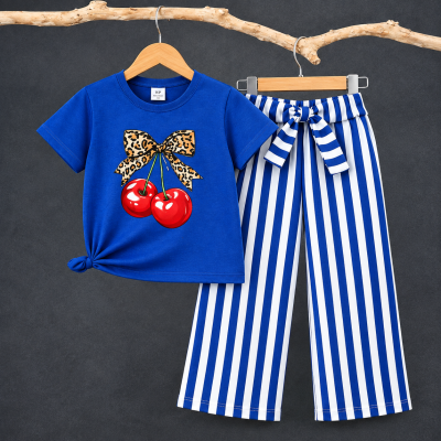 Preeti Royal Blue Girls' Two-Piece Set: Cherry Print with Leopard Bow & Striped Wide-Leg Pants
